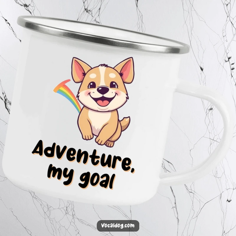 Funny Camping Mug showing a dog with a goofy grin, joyfully chasing a bright rainbow on an outdoor adventure.