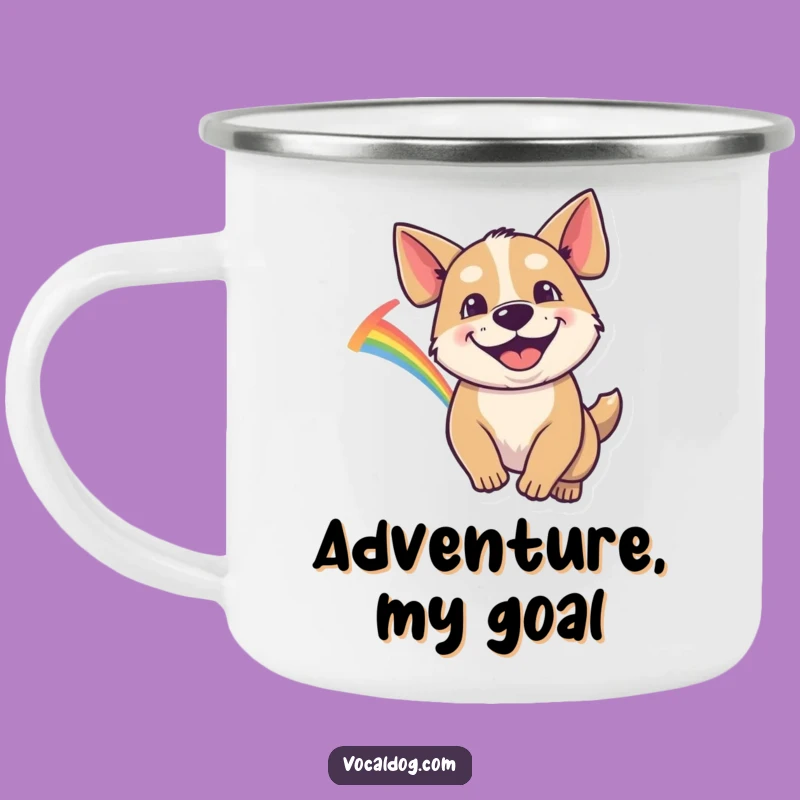 Funny Dog Camping Mug: Goofy Grin Rainbow Chase, Adventure Gift