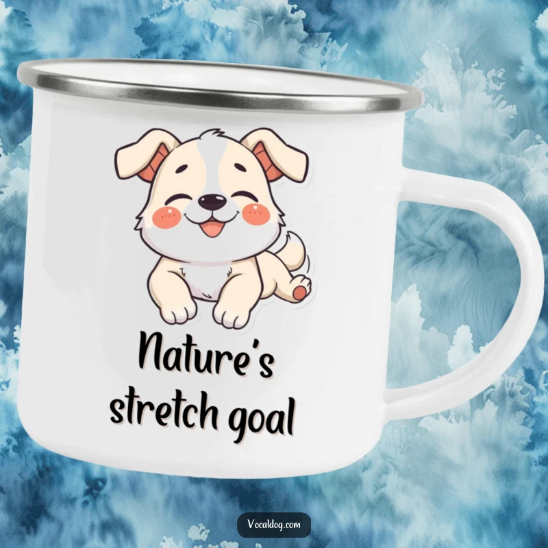Funny Camping Mug showing a dog character stretching languidly with a blissful smile, perfect for outdoor relaxation.