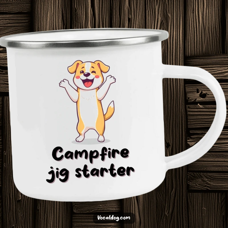 Funny Camping Mug: A dog performs an ecstatic happy dance on its hind legs. This durable and funny mug is perfect for outdoor cheer.