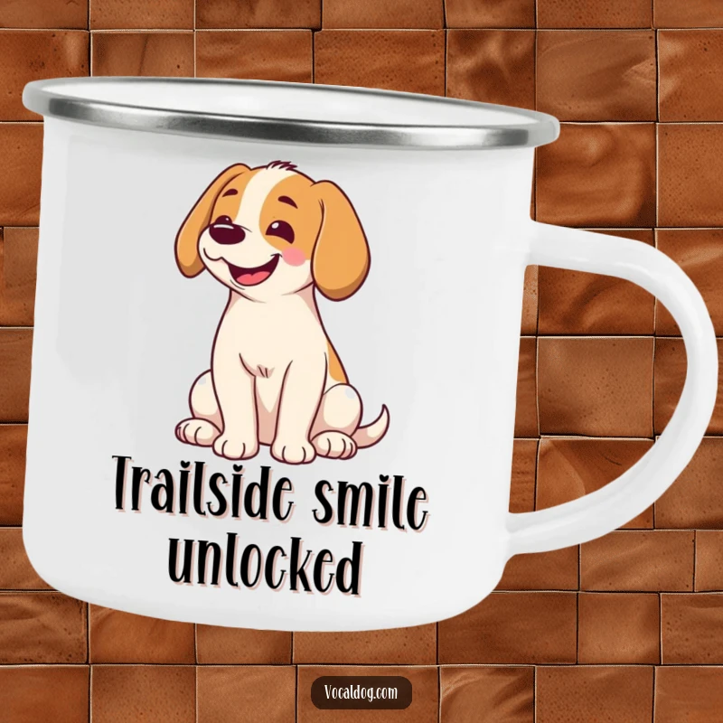Funny camping mug featuring a dog with its head tilted and a big smile, perfect for bringing a dose of happiness on outdoor excursions.