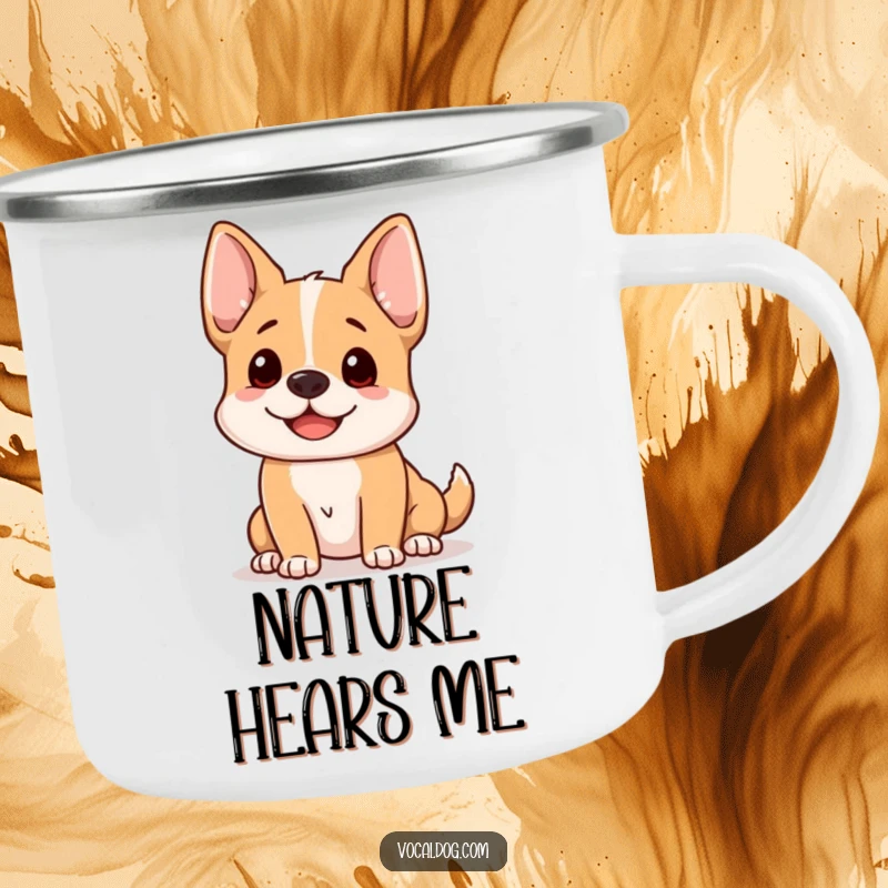 Funny dog camping mug with a happy dog whose ears are perked up, listening intently to the great outdoors.