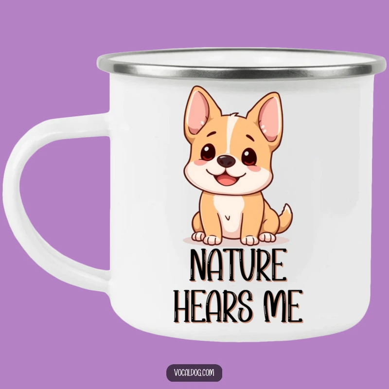 Funny Dog Listening Camping Mug: Adventure with Happy Pup Attention