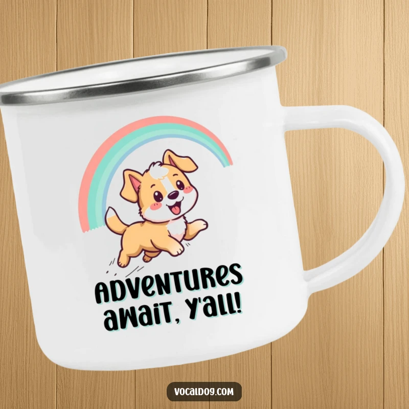 Funny camping mug featuring an energetic dog character chasing a rainbow during an outdoor adventure, bringing humor to your travels.
