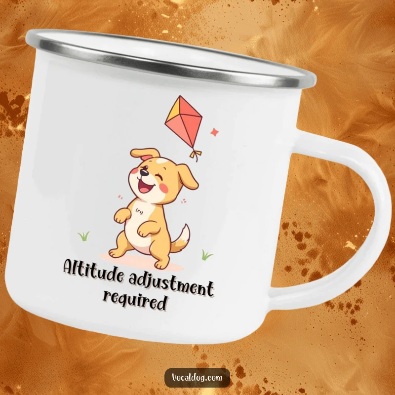 Funny Camping Mug with an ecstatic dog character delightedly playing with a colorful kite, perfect for outdoor enthusiasts.