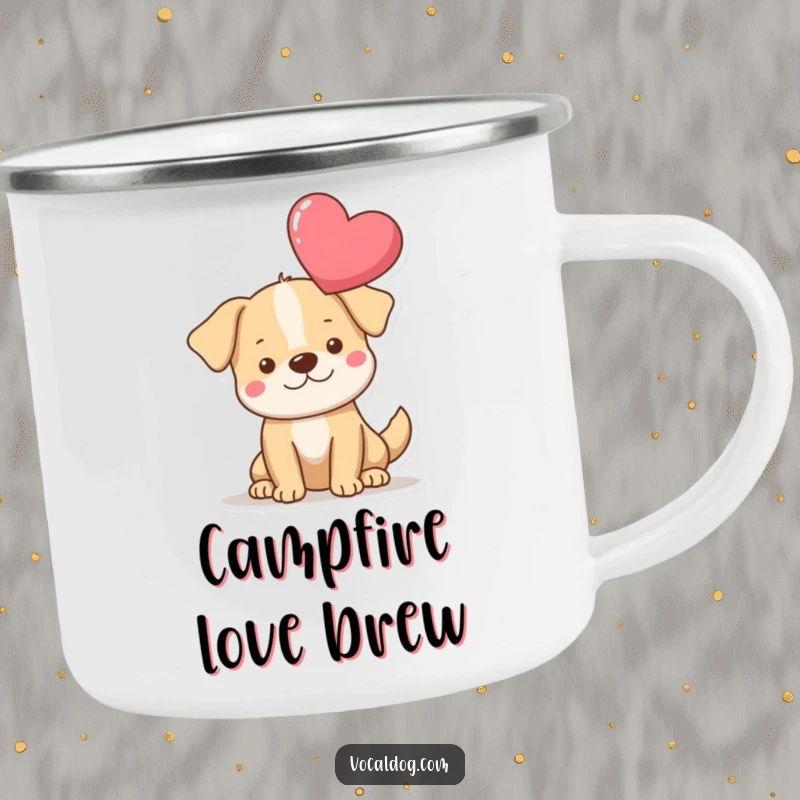 Funny heart dog camping mug with a dog featuring a large floating heart, perfect for enjoying drinks outdoors with love. Great funny gift.