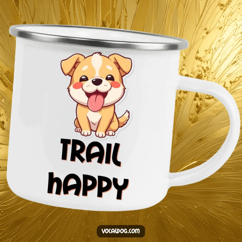Funny camping mug featuring a happy, panting dog with tongue out and a wide smile. Great for outdoor adventures and dog enthusiasts.