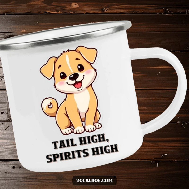 Funny dog camping mug featuring a playful dog with its tail curled into a happy spiral, perfect for cheerful outdoor drinks.
