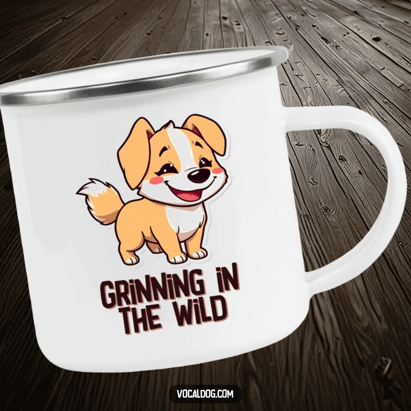 Funny camping mug featuring a happy dog character with a goofy grin and a tail blurred from enthusiastic wagging.