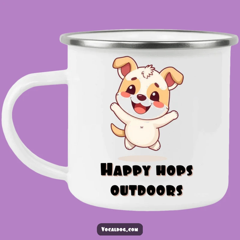 Funny Adventure Mug: Hopping Dog with Cheerful Expression