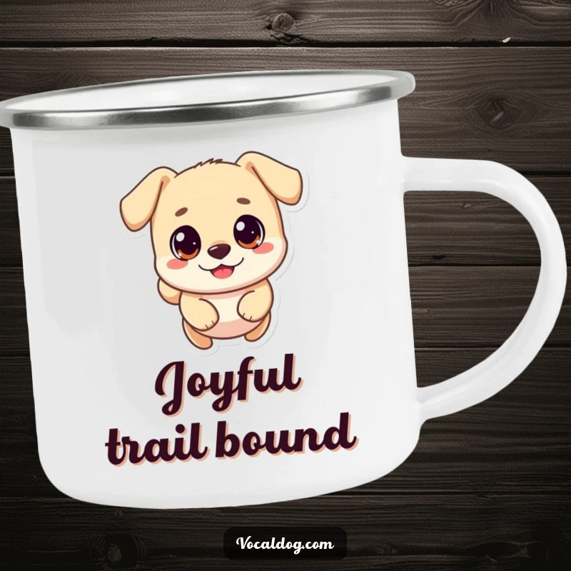 Funny camping mug featuring a round dog character joyfully leaping, big eyes full of excitement, perfect for outdoor fun.