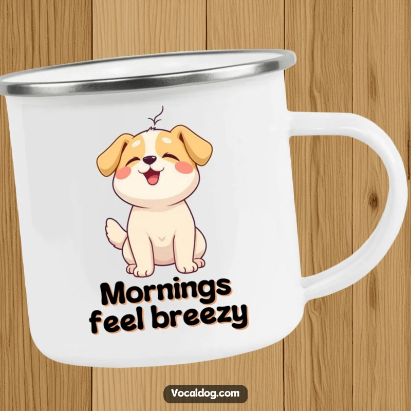 Funny Camping Mug of a happy dog with head tilted up, enjoying a gentle breeze during an outdoor adventure.