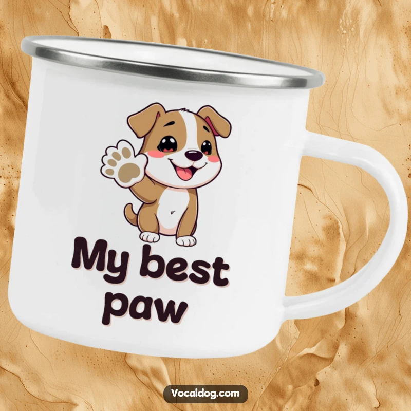 Funny camping mug featuring a cheerful dog character offering its paw, ideal for adventuring and enjoying hot drinks with a humorous touch.