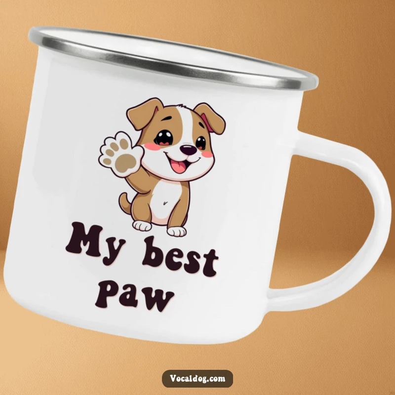 Funny camping mug featuring a cheerful dog character offering its paw, ideal for adventuring and enjoying hot drinks with a humorous touch.