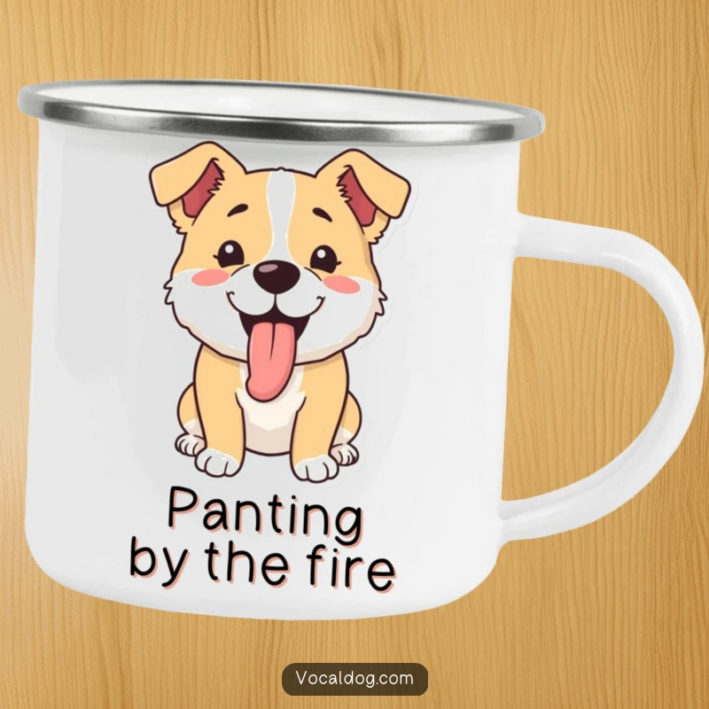 Funny camping mug showcasing a dog happy and panting with its tongue out, perfect for outdoor enthusiasts and coffee lovers.
