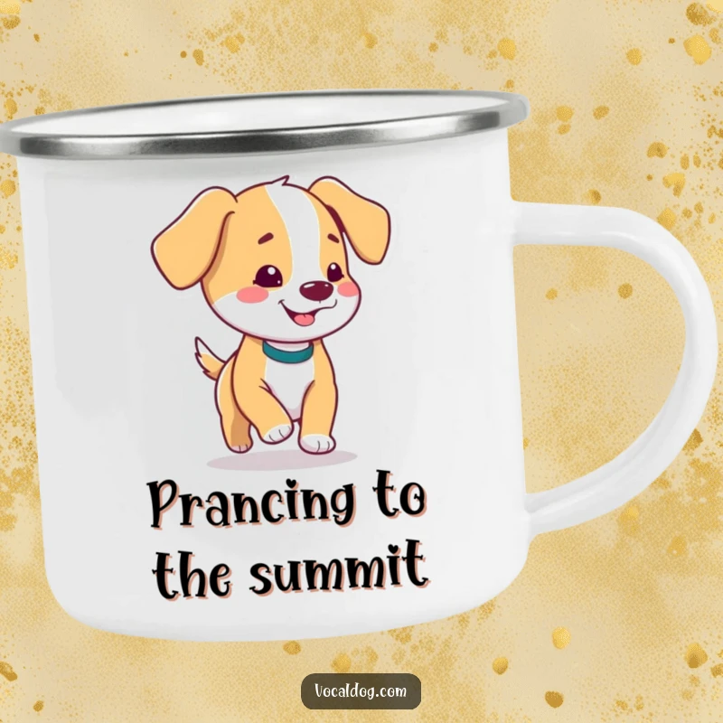 Funny camping mug featuring a dog with floppy ears prancing with pure delight, perfect for outdoor escapades and happy sipping.