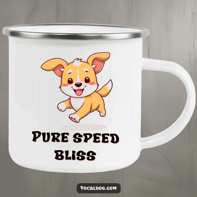 Funny camping mug illustrating a dog running energetically, ears flapping, perfect for sipping coffee or tea during outdoor adventures with a smile.