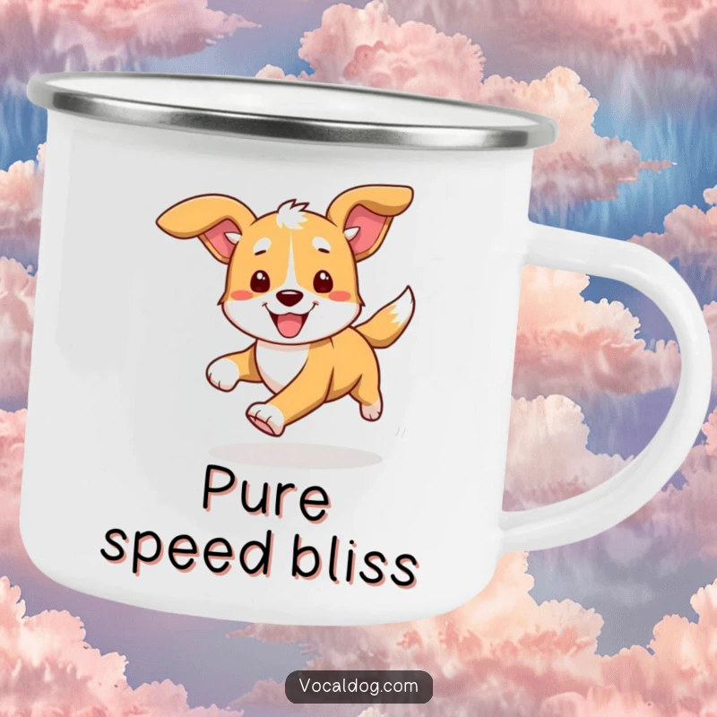 Funny camping mug illustrating a dog running energetically, ears flapping, perfect for sipping coffee or tea during outdoor adventures with a smile.