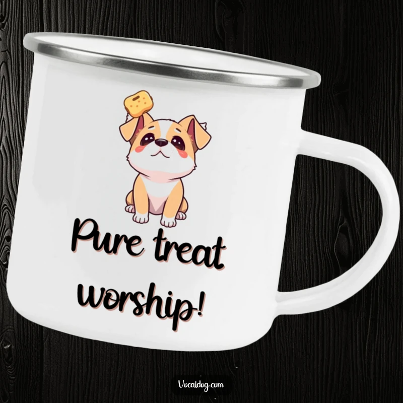 Funny dog camping mug featuring a dog gazing upwards with adoration at a floating treat, perfect for outdoor enjoyment.