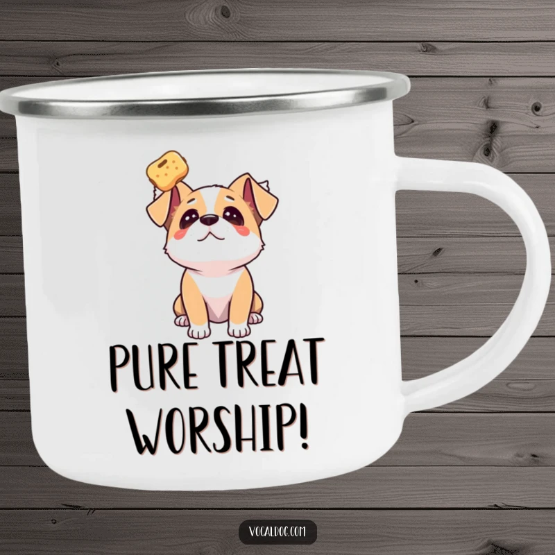 Funny dog camping mug featuring a dog gazing upwards with adoration at a floating treat, perfect for outdoor enjoyment.