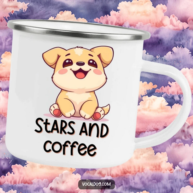 Funny Camping Mug featuring a joyful dog with tucked paws, gazing upwards, perfect for outdoor enjoyment.
