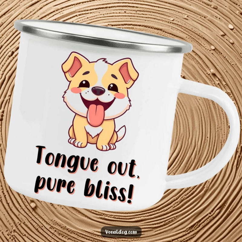 Funny dog camping mug featuring a happy dog with its tongue lolling out, perfect for outdoor refreshment.