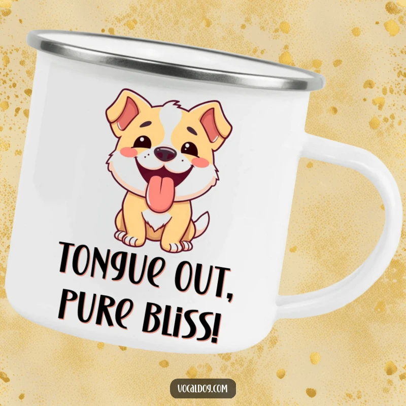 Funny dog camping mug featuring a happy dog with its tongue lolling out, perfect for outdoor refreshment.
