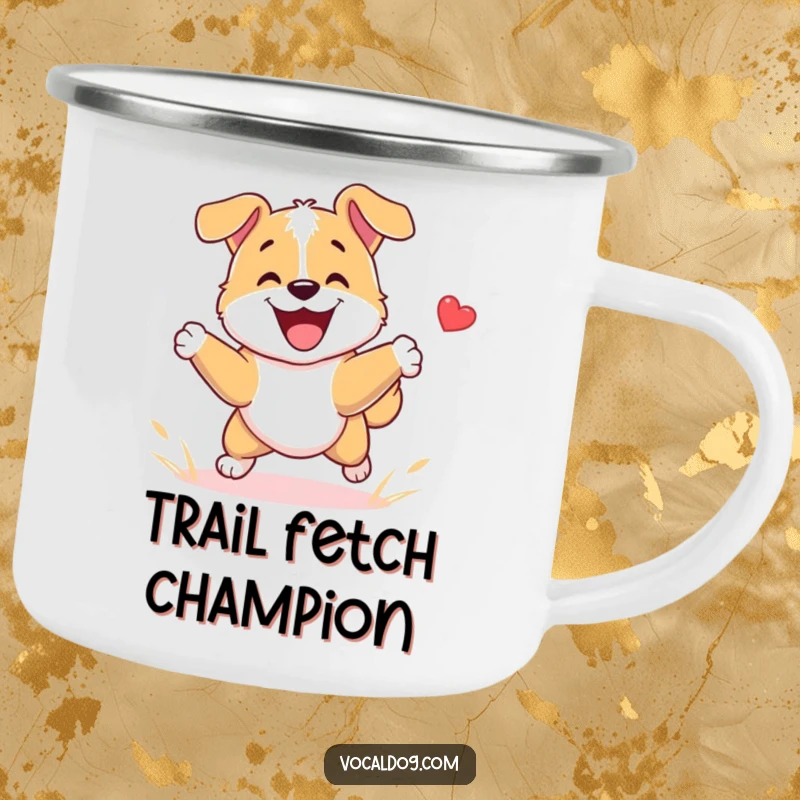 Funny Dog Camping Mug with a dog character playing fetch with immense happiness, symbolizing pure joy and playful energy with a humorous outdoor vibe.