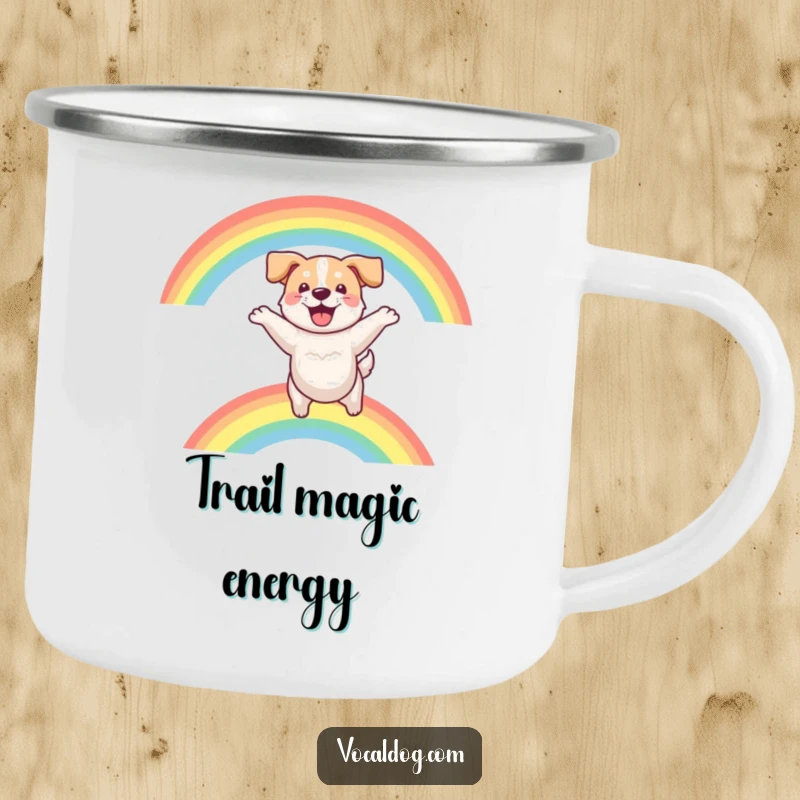 Funny camping mug displaying a dog gleefully leaping over a colorful rainbow, ideal for outdoor enthusiasts.