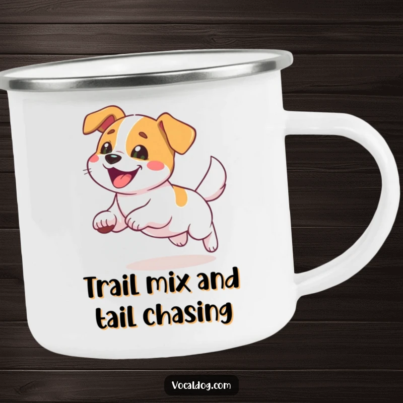 Funny camping mug featuring a dog happily chasing its tail, perfect for a humorous and delightful outdoor experience.