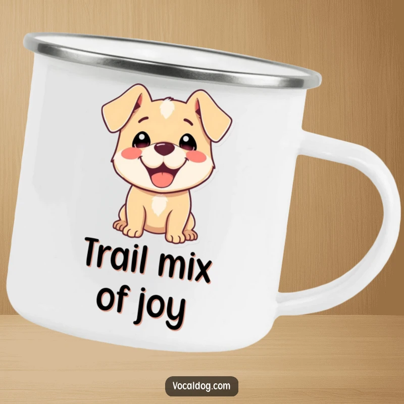 Funny Camping Mug: happy dog with ears back, radiating pure delight on an outdoor adventure.