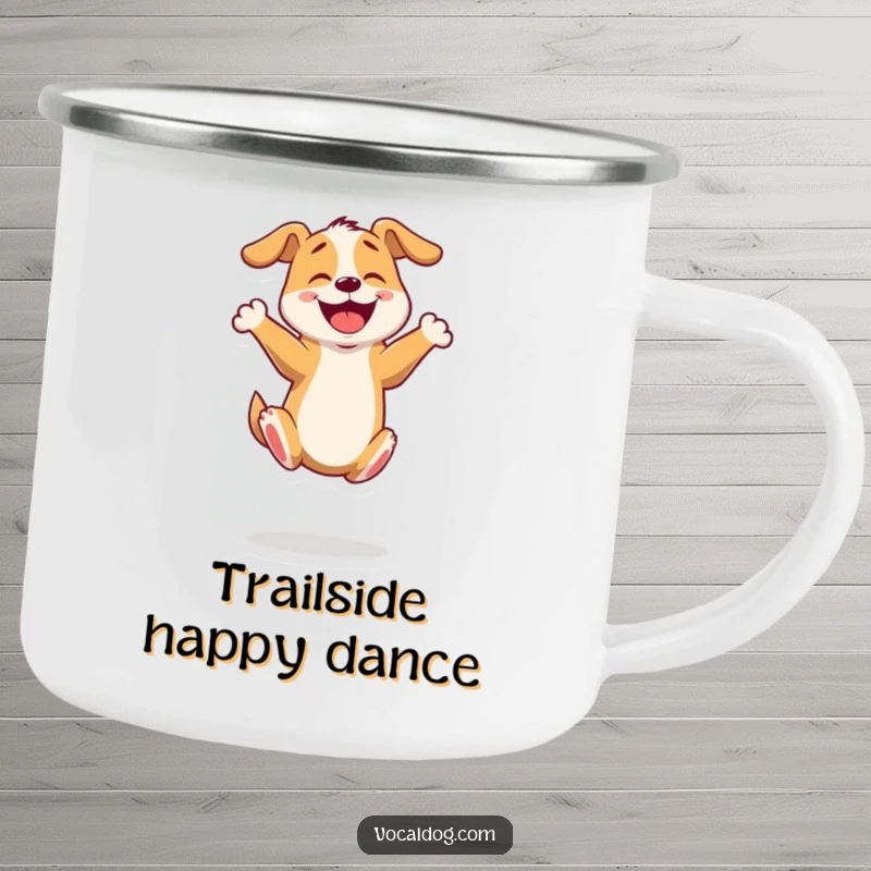 Funny camping mug showing an excited dog bouncing on its hind legs, ideal for outdoor adventures and coffee lovers.