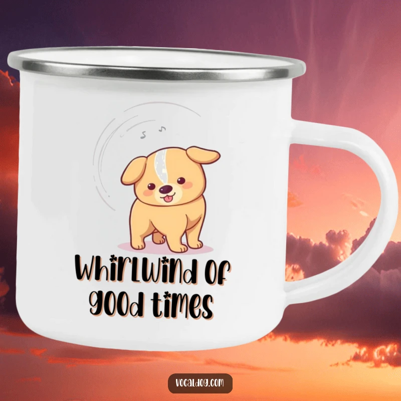 Funny Camping Mug featuring a dog's tail wagging so fast it forms a humorous vortex, perfect for outdoor enthusiasts who love humor.