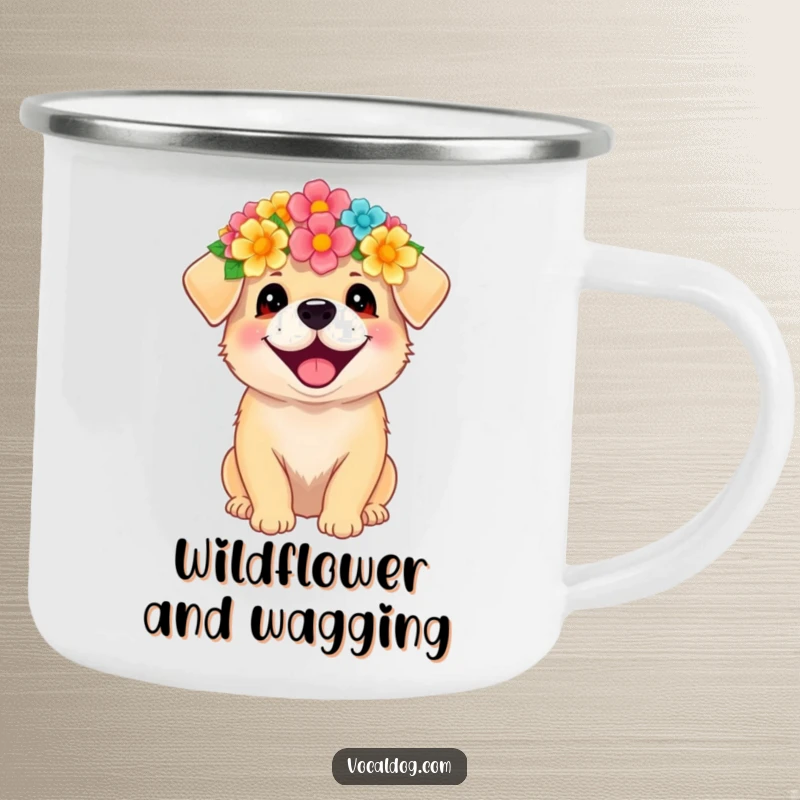 Funny camping mug with a dog wearing a flower crown, radiating happiness, ideal for outdoor enjoyment.