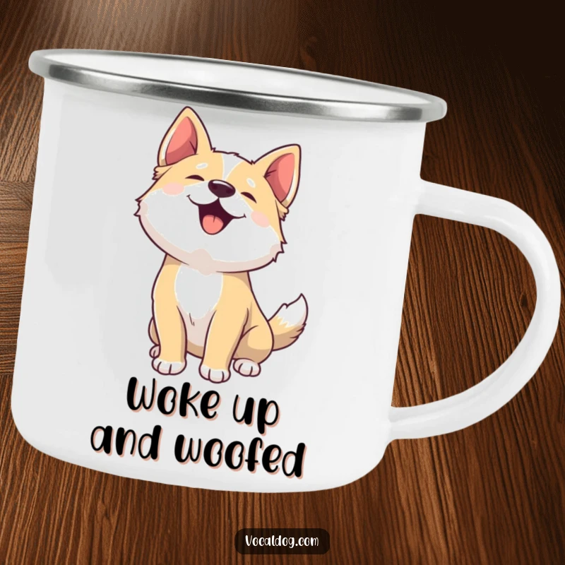 Funny camping mug featuring a dog joyfully woofing with head back, perfect for outdoor humor and happy drinks.