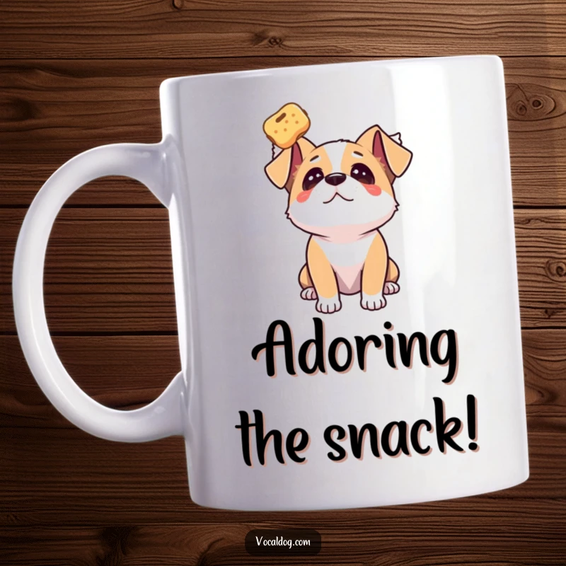 Funny dog mug featuring a dog gazing upwards with pure adoration at a floating treat.