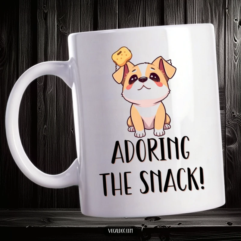 Funny dog mug featuring a dog gazing upwards with pure adoration at a floating treat.