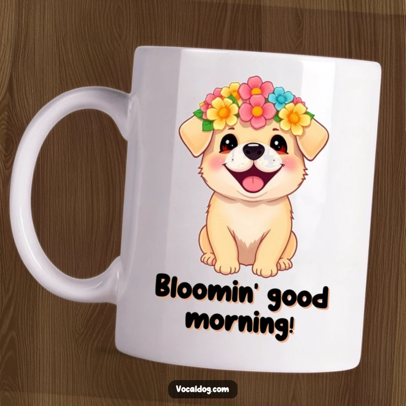Funny dog mug with a happy dog wearing a flower crown, radiating pure, unadulterated happiness and charm.