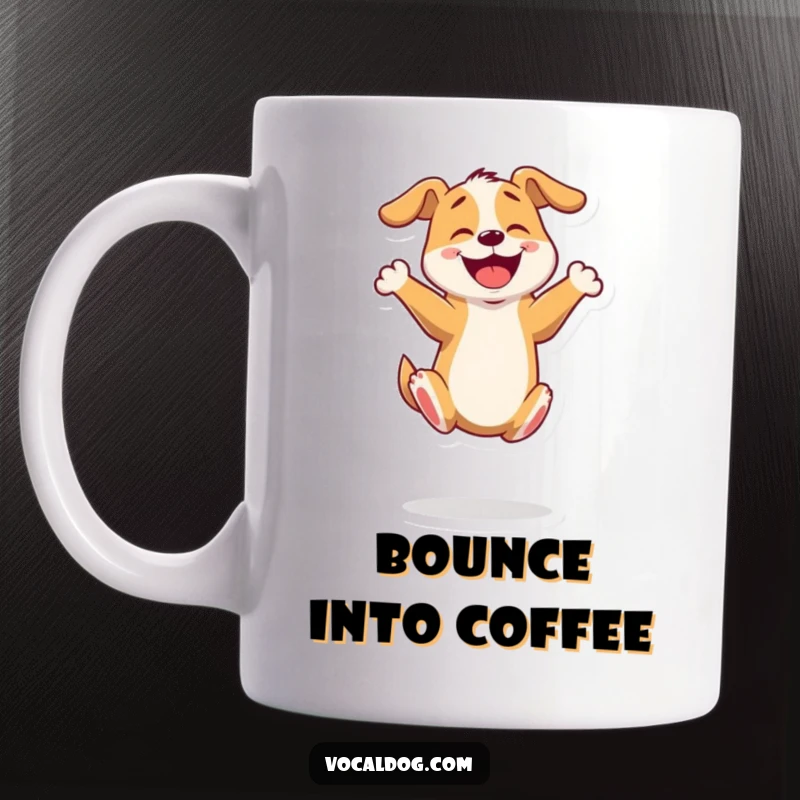Funny mug showing an excited dog character bouncing on its hind legs with sheer, uncontainable happiness and energy.