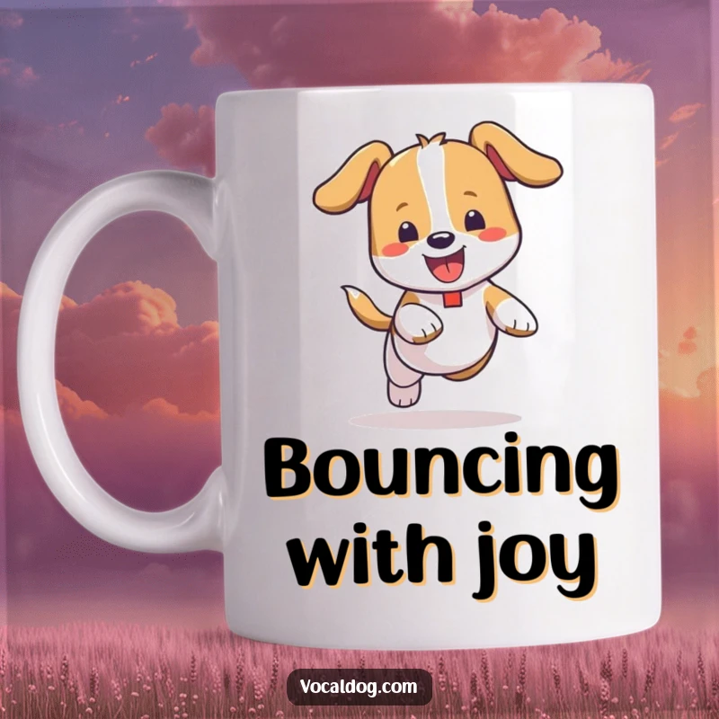 Funny Mug: A dog character joyfully bouncing with carefree abandon, radiating pure happiness and infectious energy during playtime.