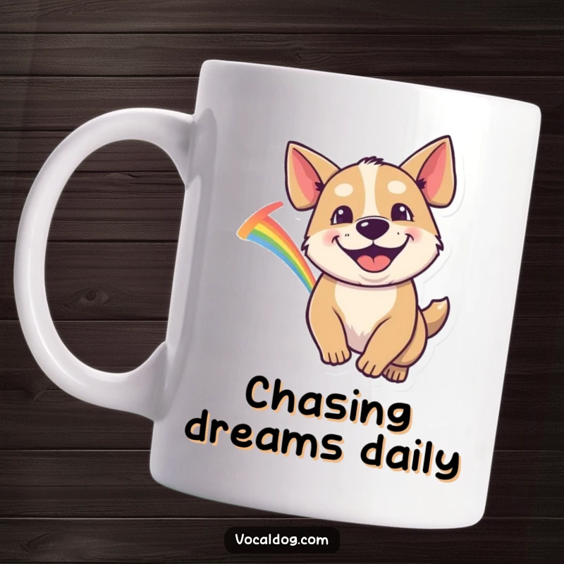 Funny Mug featuring a happy dog with a huge goofy grin, joyfully chasing a vibrant rainbow across the sky.