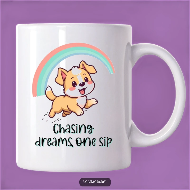 Funny Dog Chasing Rainbow Mug - Optimistic Pup Art, Perfect Gift for Dog Lovers!