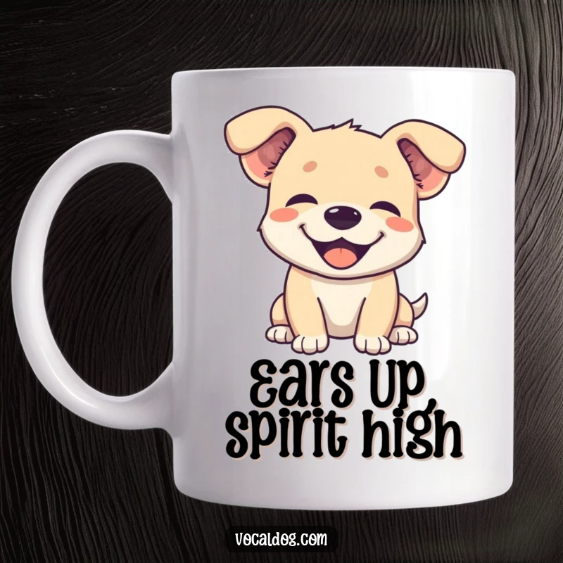 Funny mug shows a happy dog character with its ears comically flopped back, conveying pure, unadulterated joy.