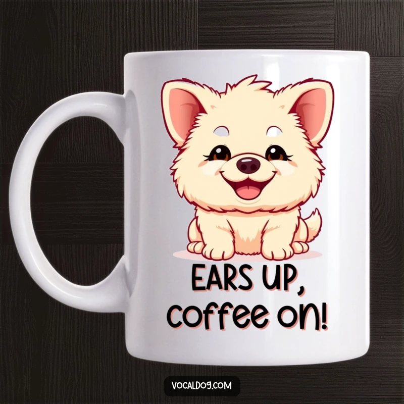 Funny fluffy dog mug, with comically large ears and a wide, beaming smile, embodying pure canine happiness and adorable silliness.
