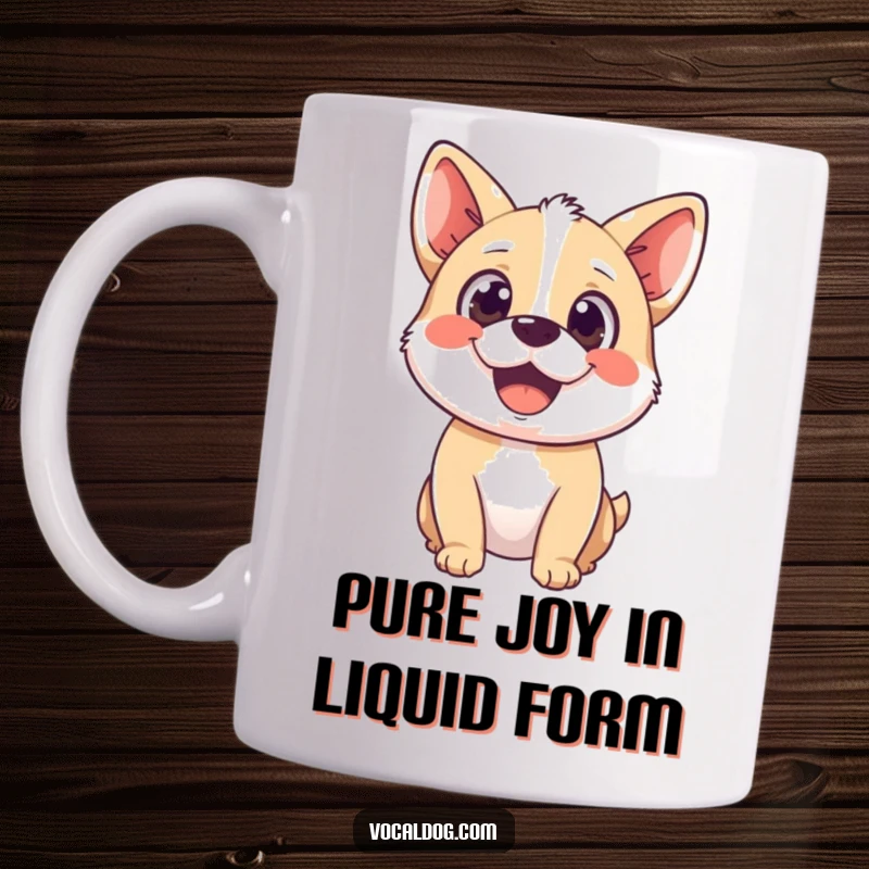 Funny mug featuring a happy dog character with a wide, delighted gaze, representing pure bliss and infectious joy.