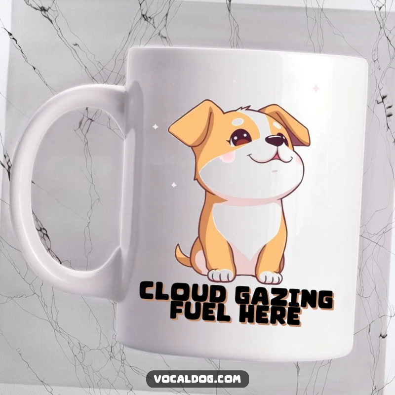 Funny Dog Mug: A cute character dog looking upwards with eyes closed in absolute bliss, gazing at a serene sky.