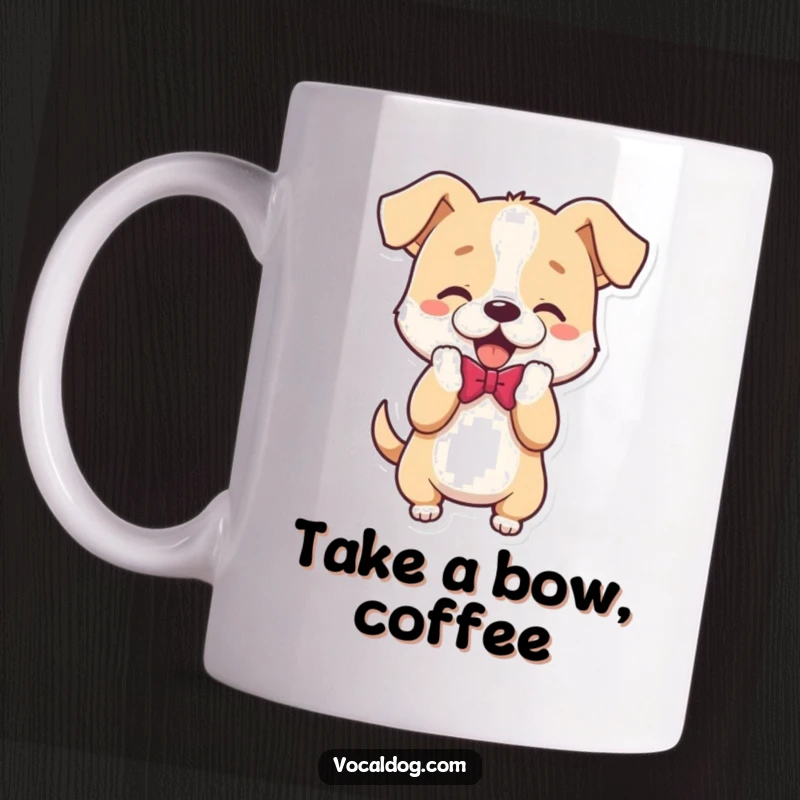 Funny Mug with a dog character performing a charming, playful bow, showing off its good manners and humor.