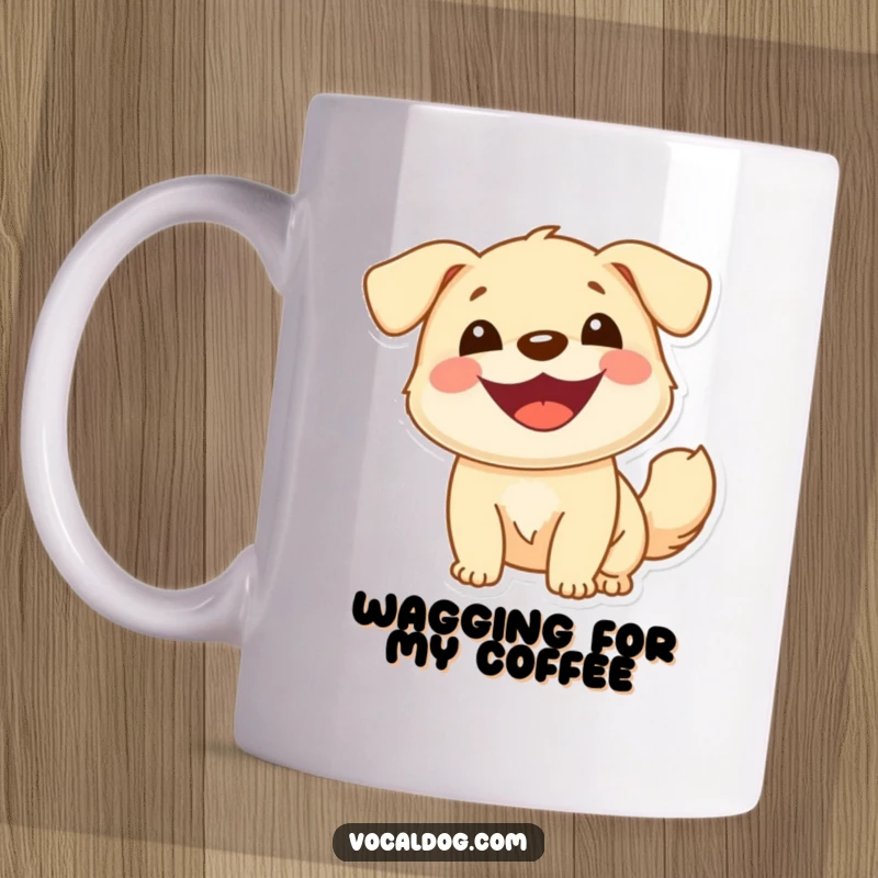 Funny mug showing a cheerful dog with a wide smile and a bouncy tail, radiating pure happiness and positive energy, great gift.