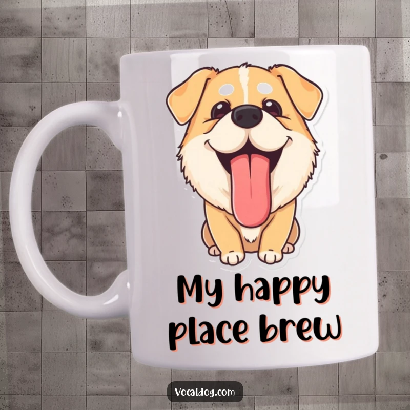 Funny Mug: A dog with its tongue lolling out, looking completely content and happy. This funny design embodies relaxation.