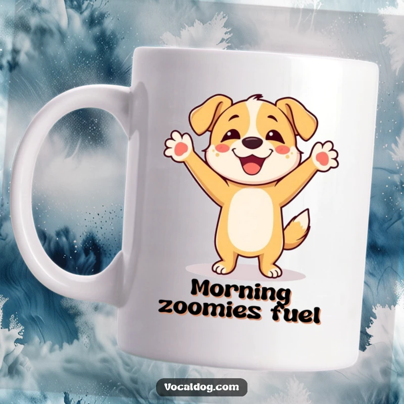 Funny Dog Mug: A cheerful character dog joyfully dancing with its front paws lifted high in the air, full of excitement.